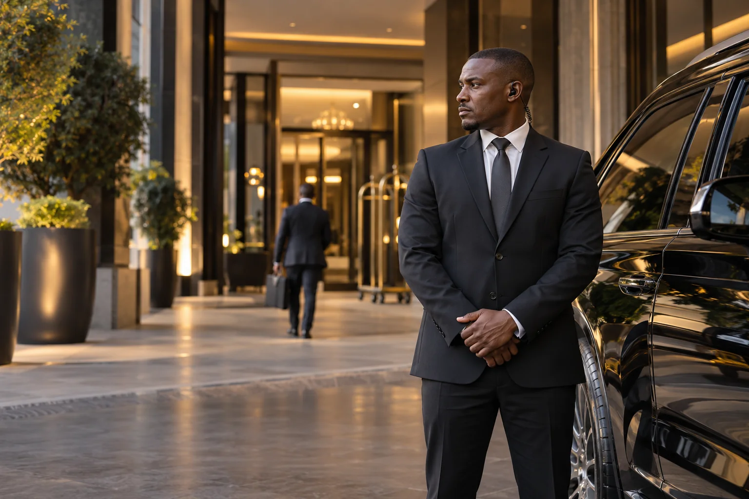 Third Open Eye Security Services 11 Illustrative close-protection professional beside an executive vehicle
